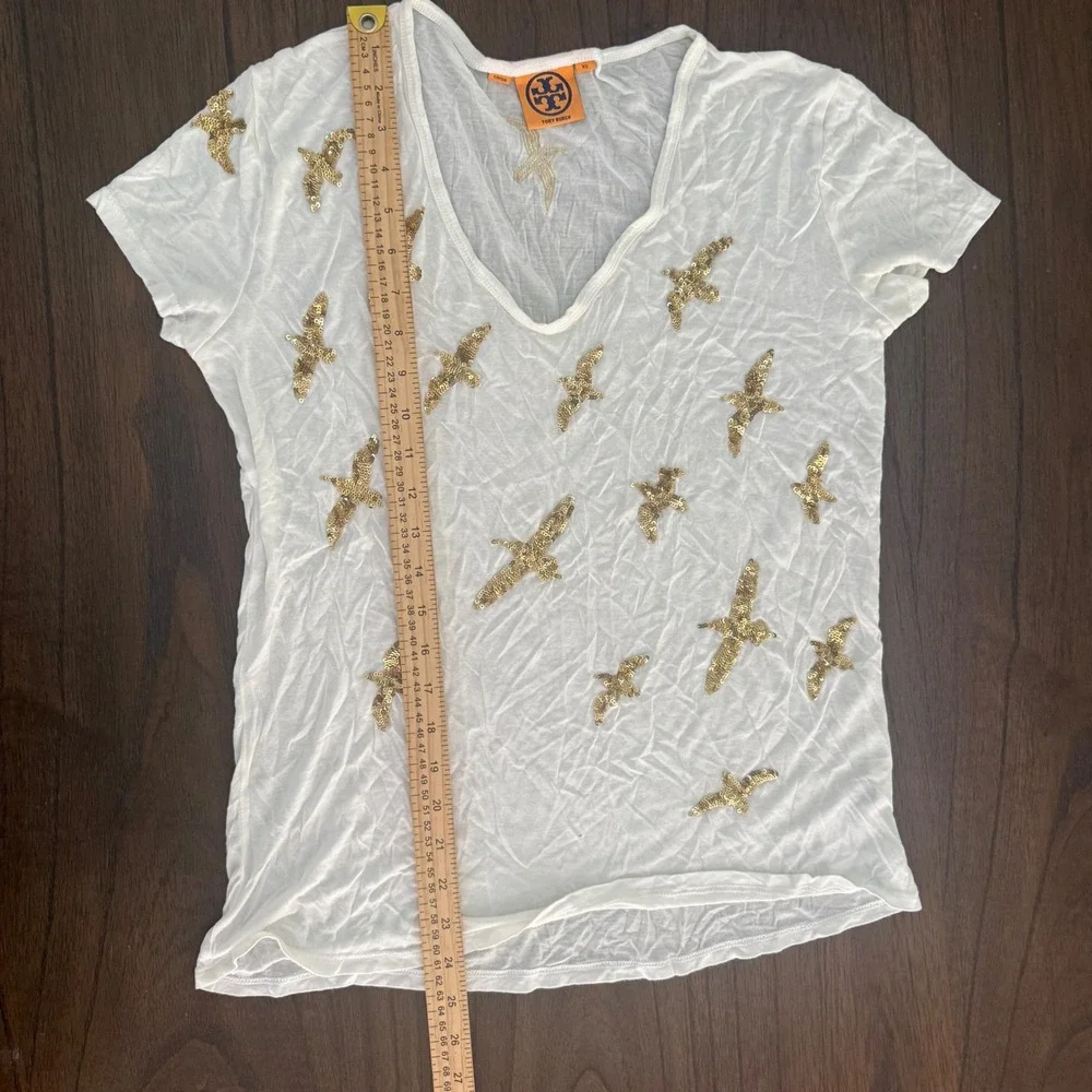 Tory Burch Ivory Modal Sequin Bird V-Neck T-Shirt XS Gold Nautical Coastal